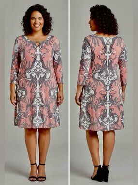 JBS Pink & Grey Paisley 3/4 Sleeve Dress – Metal Neck Detail – Size 10